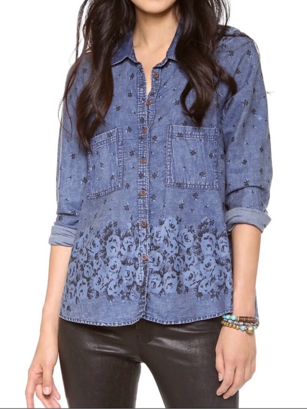 Free People Dottie Over You Chambray Floral Top